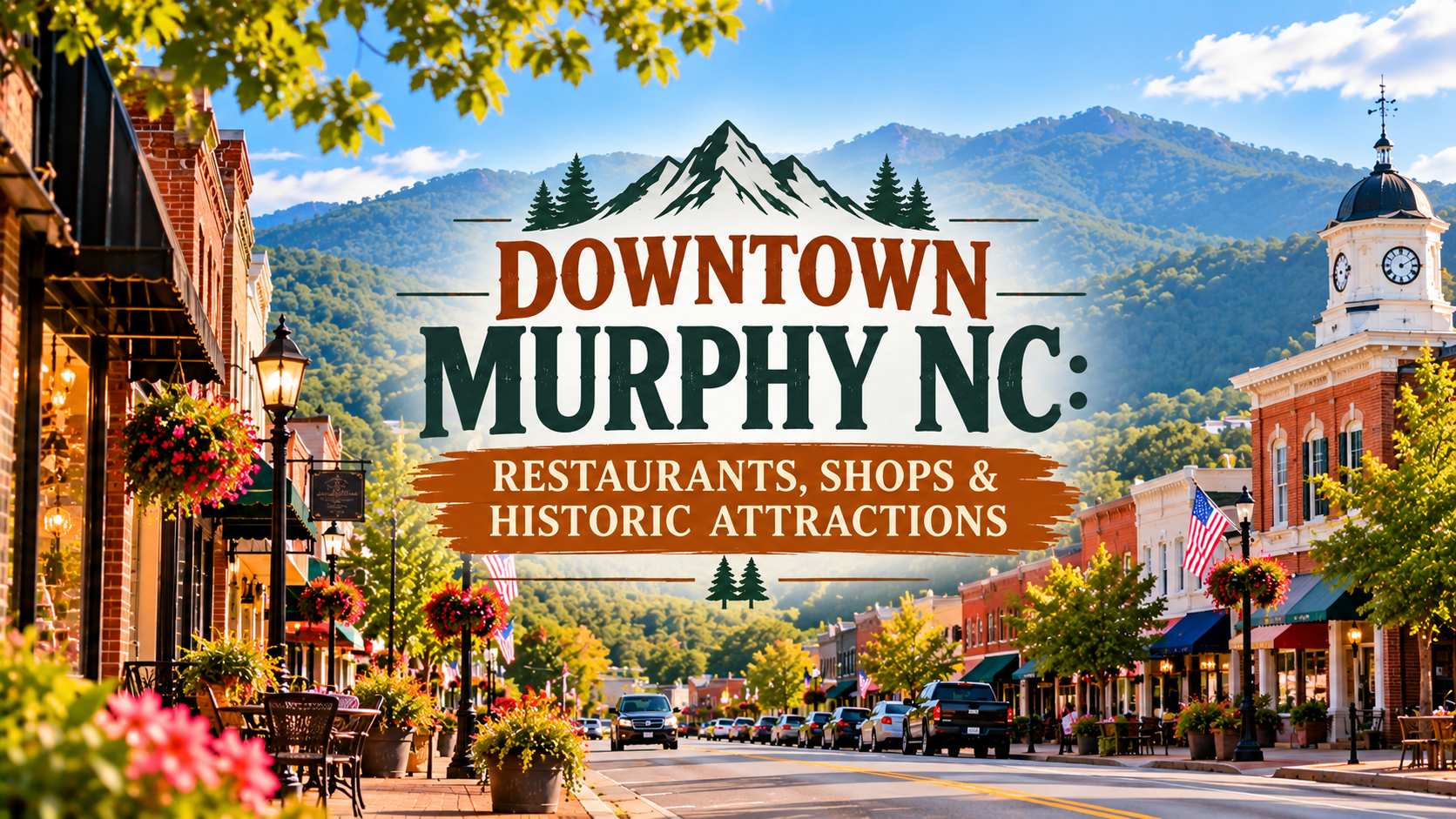 Downtown Murphy, NC street scene with shops, autumn trees, mountains, and a clock tower in the background