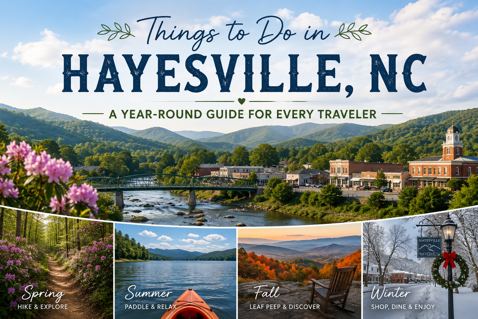 Collage promoting things to do in Hayesville, NC, with scenic mountains, lake, flowers, and town views