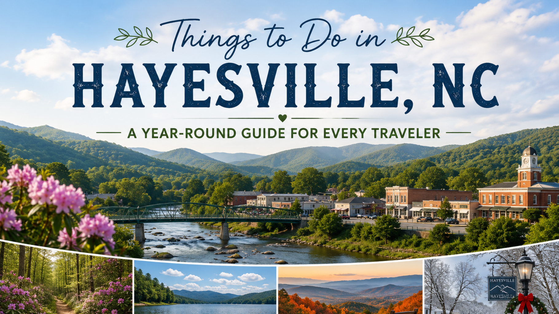 Banner reading “Things to Do in Hayesville, NC” over a scenic town and lake collage