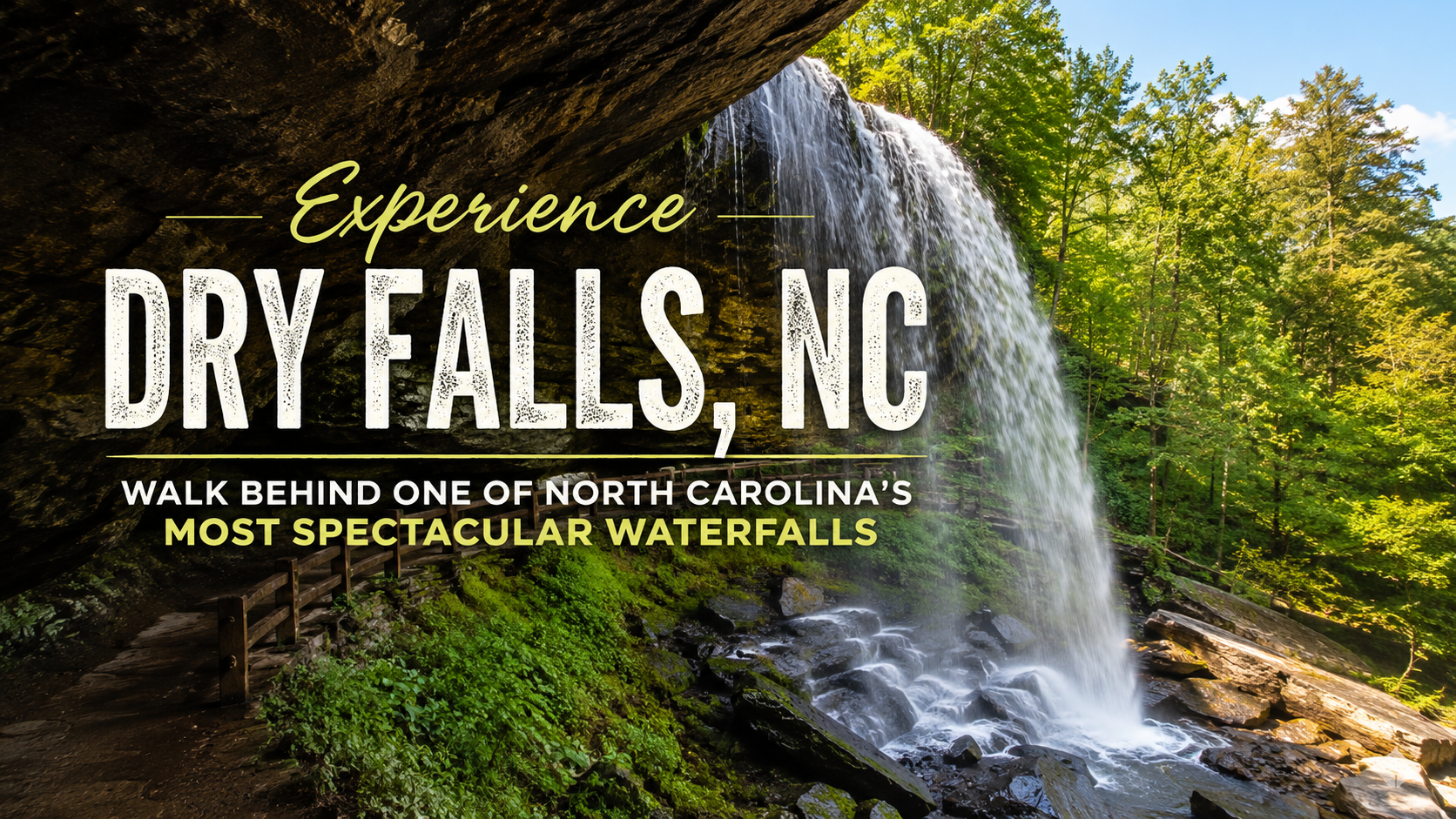 Waterfall in lush forest with text: 