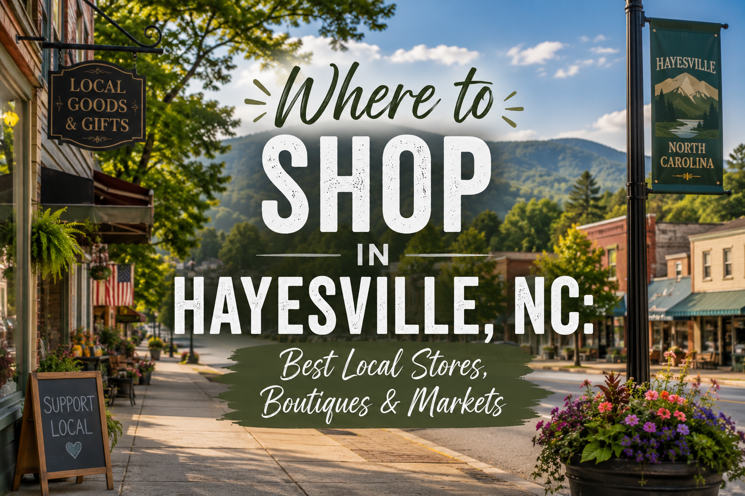 Shopping signs and storefronts in Hayesville, NC, under a scenic mountain sky.