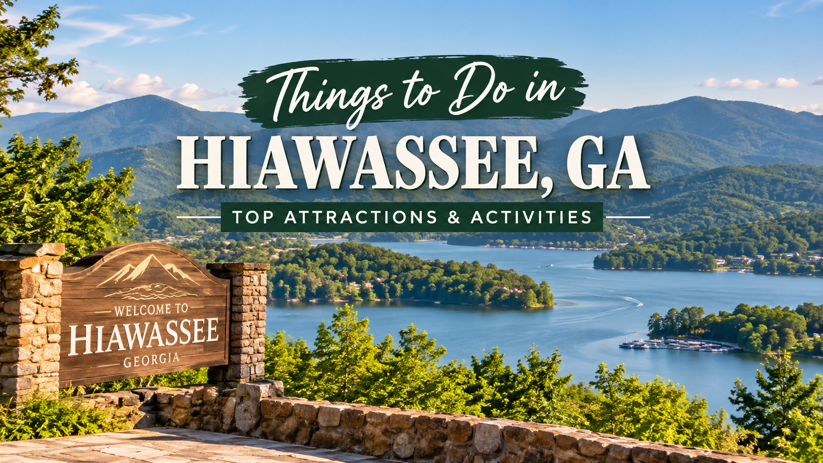 Lake and mountains in Hiawassee, GA with text “Things to Do in Hiawassee, GA” and “Top Attractions & Activities”