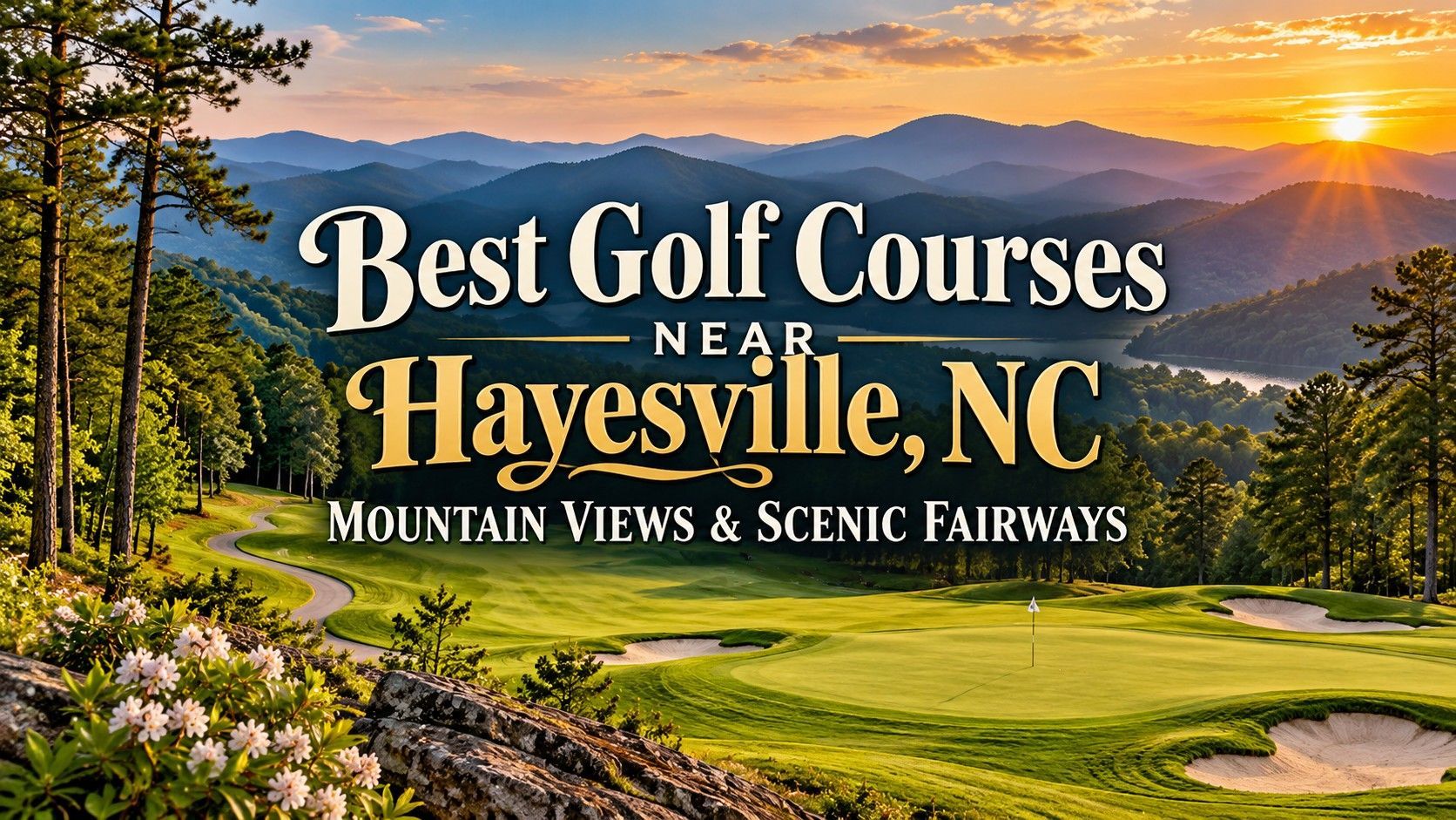 Sunset golf course landscape with text: Best Golf Courses Near Hayesville, NC and mountain views