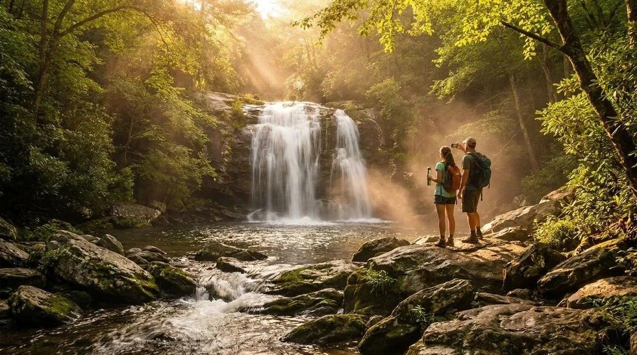 Two hikers stand by a forest waterfall, lit by warm sunlight.