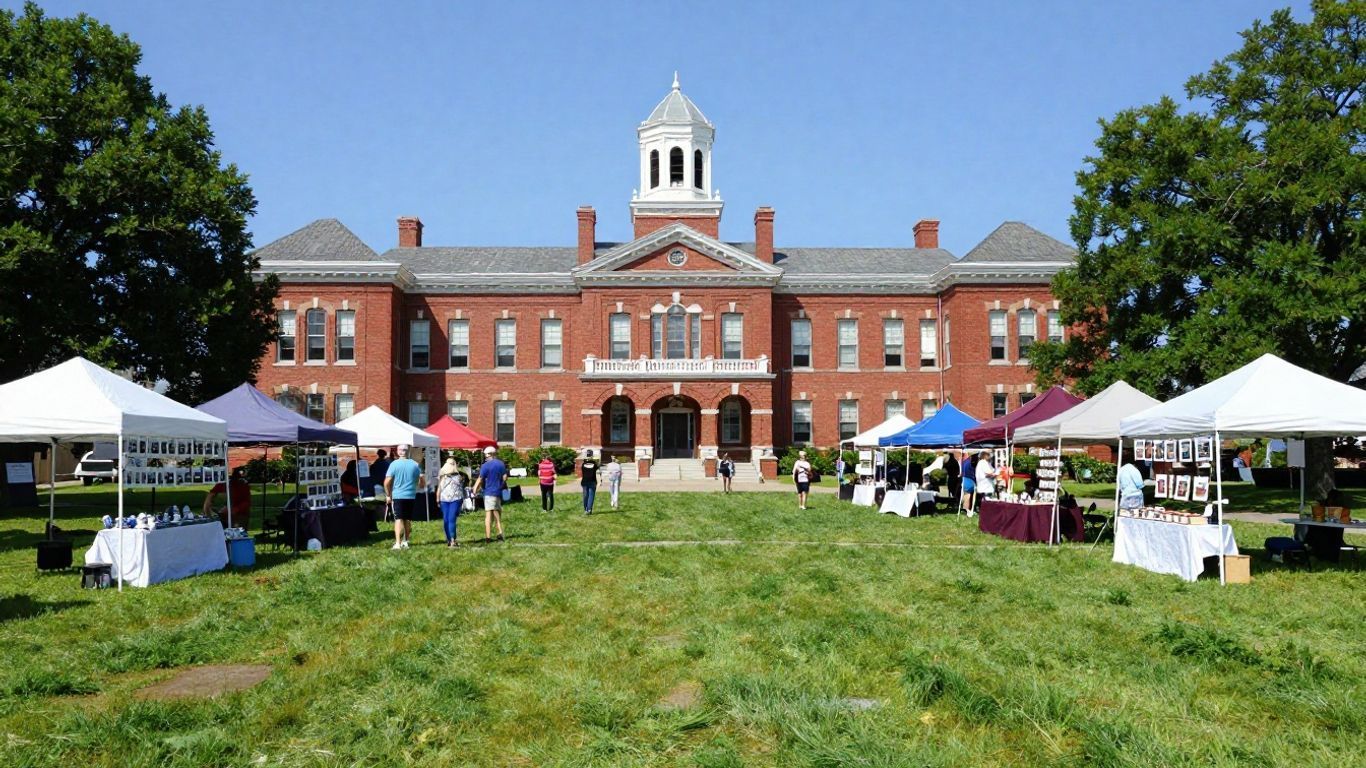 Outdoor fair on a grassy lawn in front of a red-brick building with white tents and people browsing.