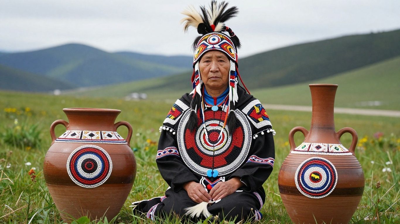Person in traditional beaded attire seated between two decorated clay pots in a grassy field with hills behind