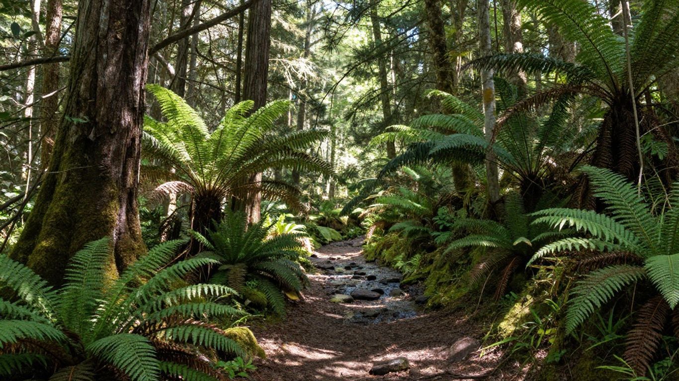 Shaded forest path lined with lush ferns and tall trees, with sunlight filtering through the canopy