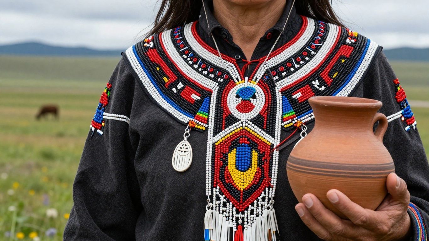 Person in embroidered traditional clothing holding a clay pot outdoors in a grassy landscape.
