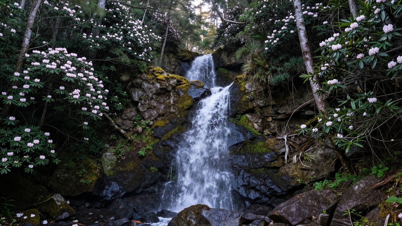 Waterfall cascading over rocks in a lush forest, framed by pink flowering bushes.