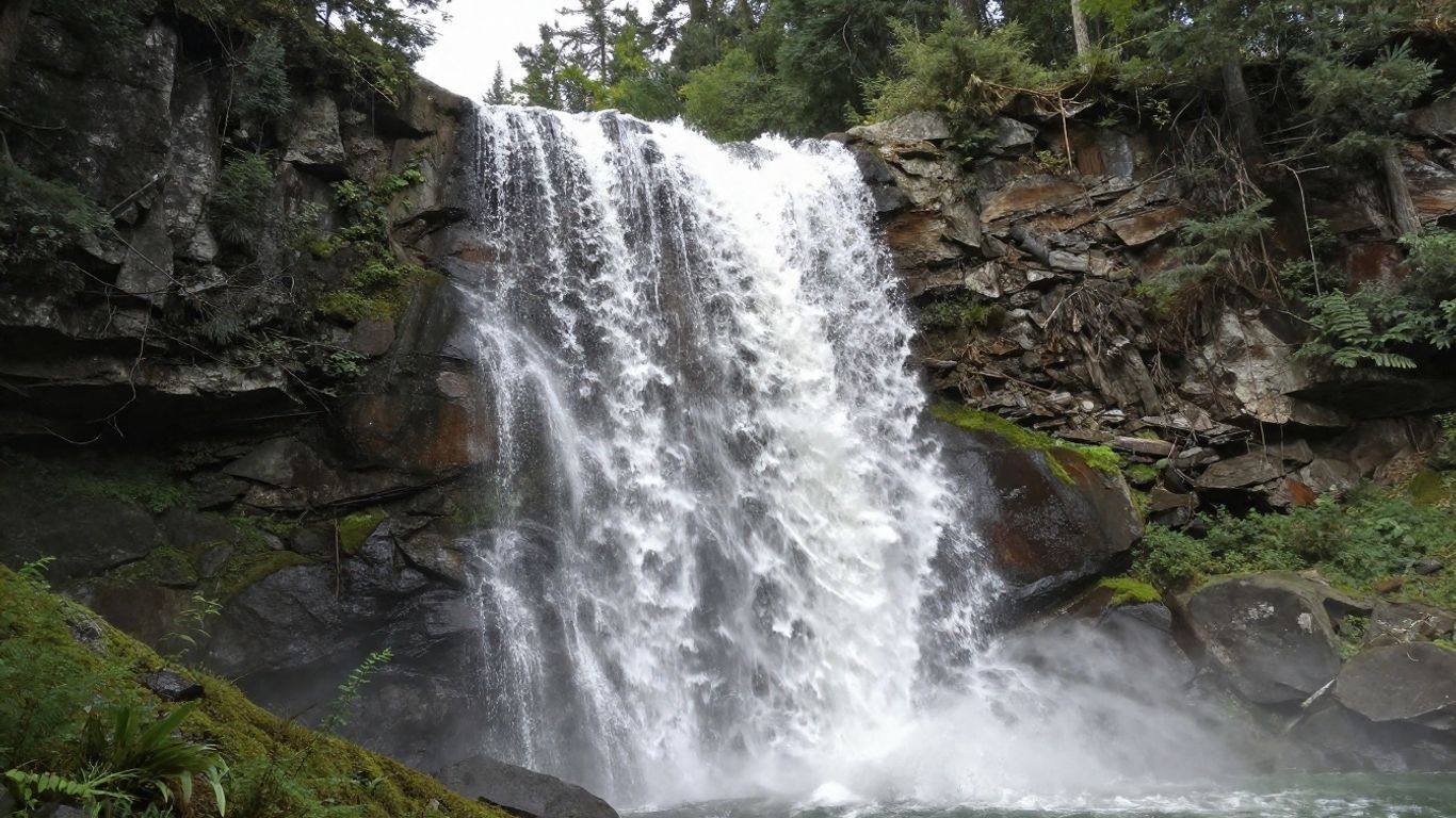 Waterfall cascading over rocky cliffs into a forest pool