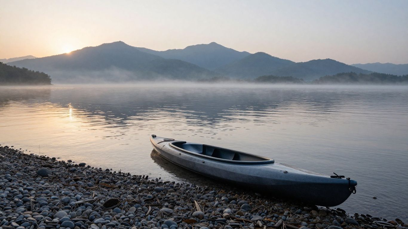 Kayak on a rocky shore at dawn, with calm water and misty mountains in the background
