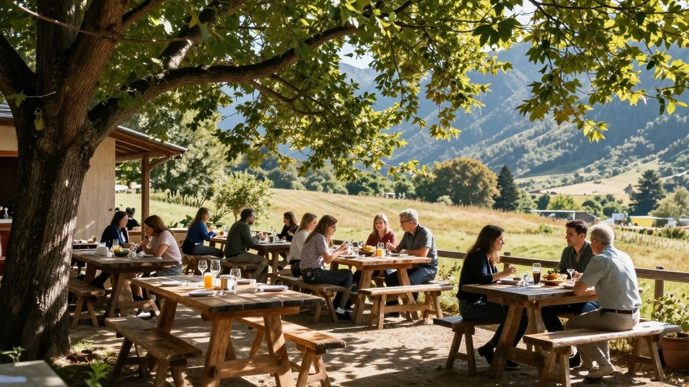 People dining at outdoor picnic tables under trees with a mountain view in the background