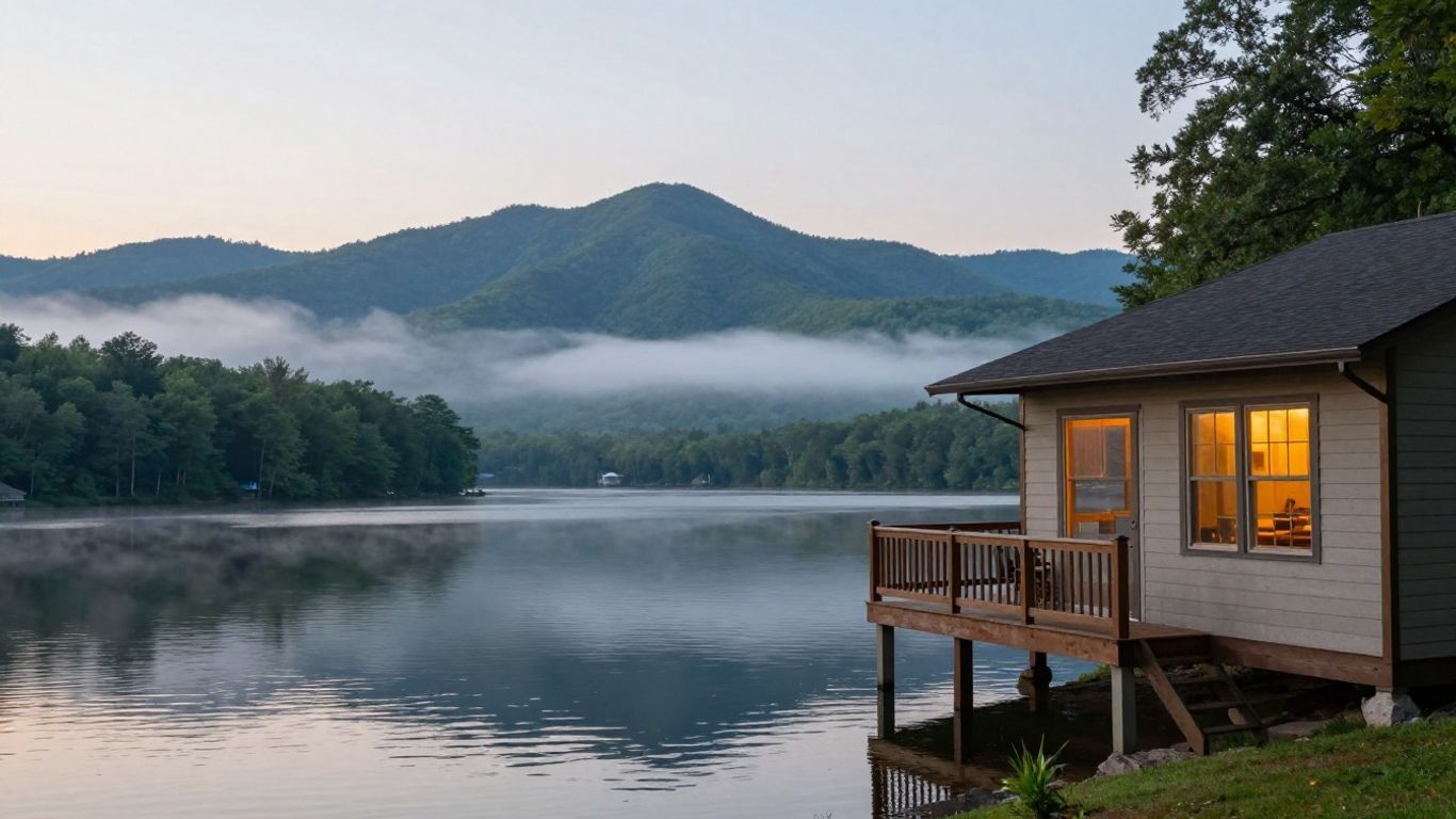 Lakeside cabin at dusk with glowing windows, calm water, misty mountains, and forest reflections