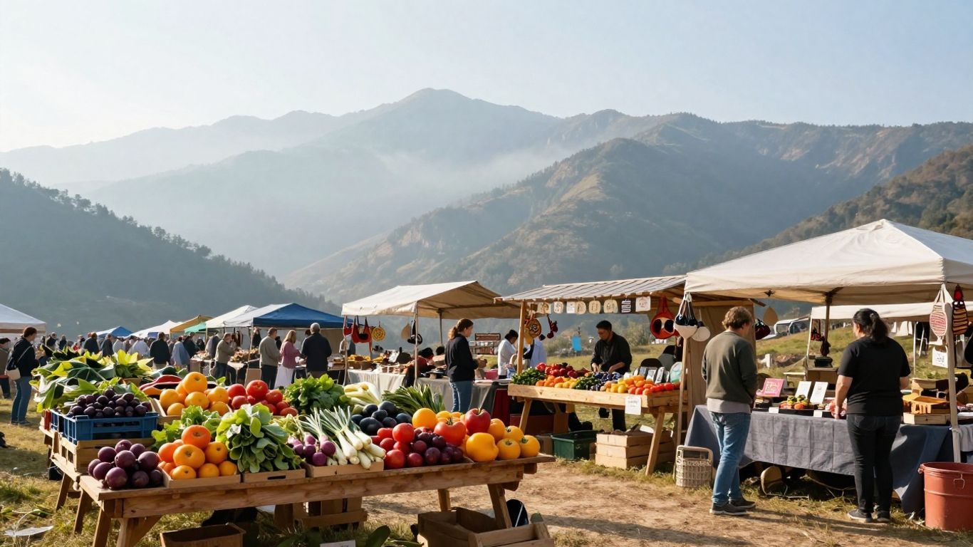 Outdoor mountain market with colorful produce stalls and shoppers under tents