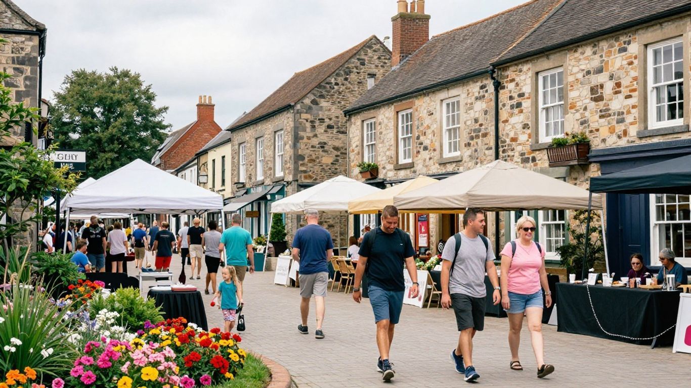 Pedestrians and shoppers walk past stone shops and flower beds at an outdoor market street with white tents