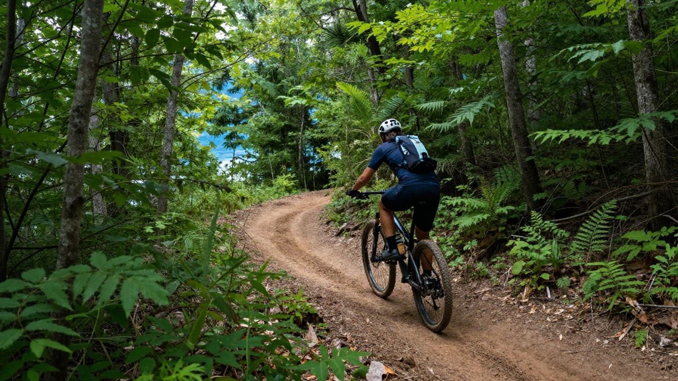 Mountain biker in blue riding a dirt trail through a green forest.