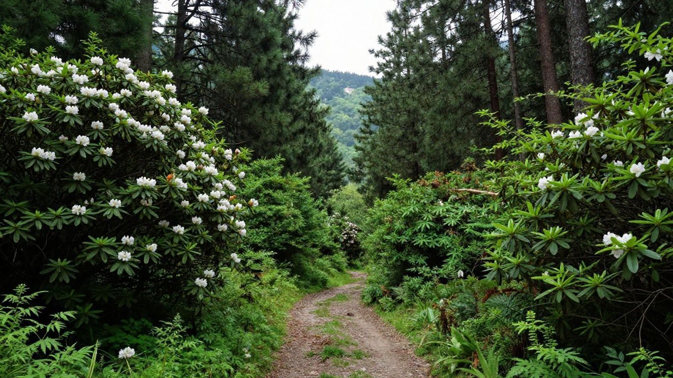 Narrow dirt trail winding through lush green shrubs and trees in a forested mountain landscape
