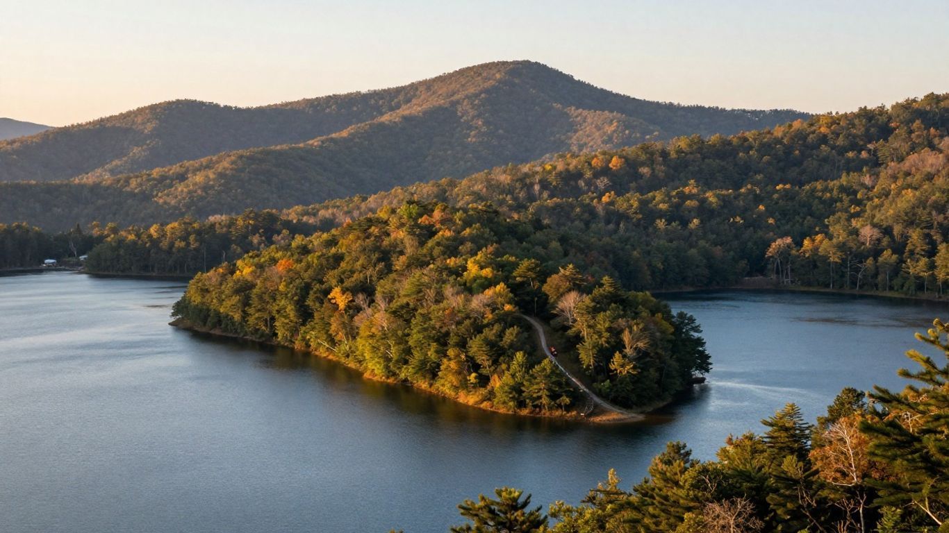 Sunlit forested peninsula in a calm lake, with wooded hills and mountains in the background