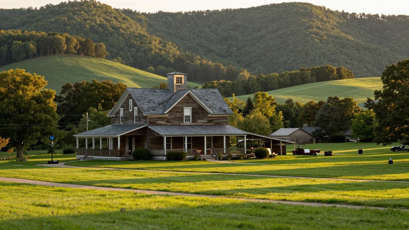 Rustic farmhouse with wraparound porch in a green field, backed by rolling hills at sunset