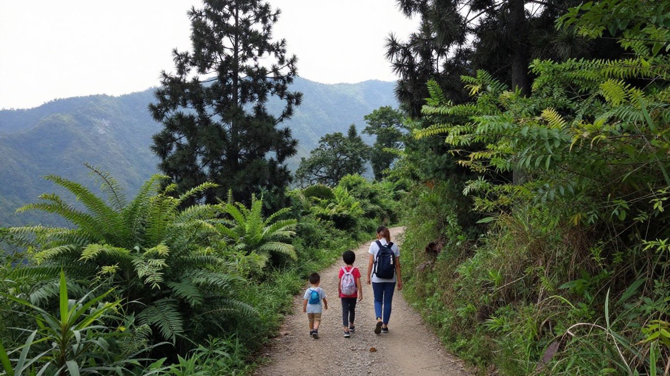 Three hikers walking on a dirt trail through lush green mountains