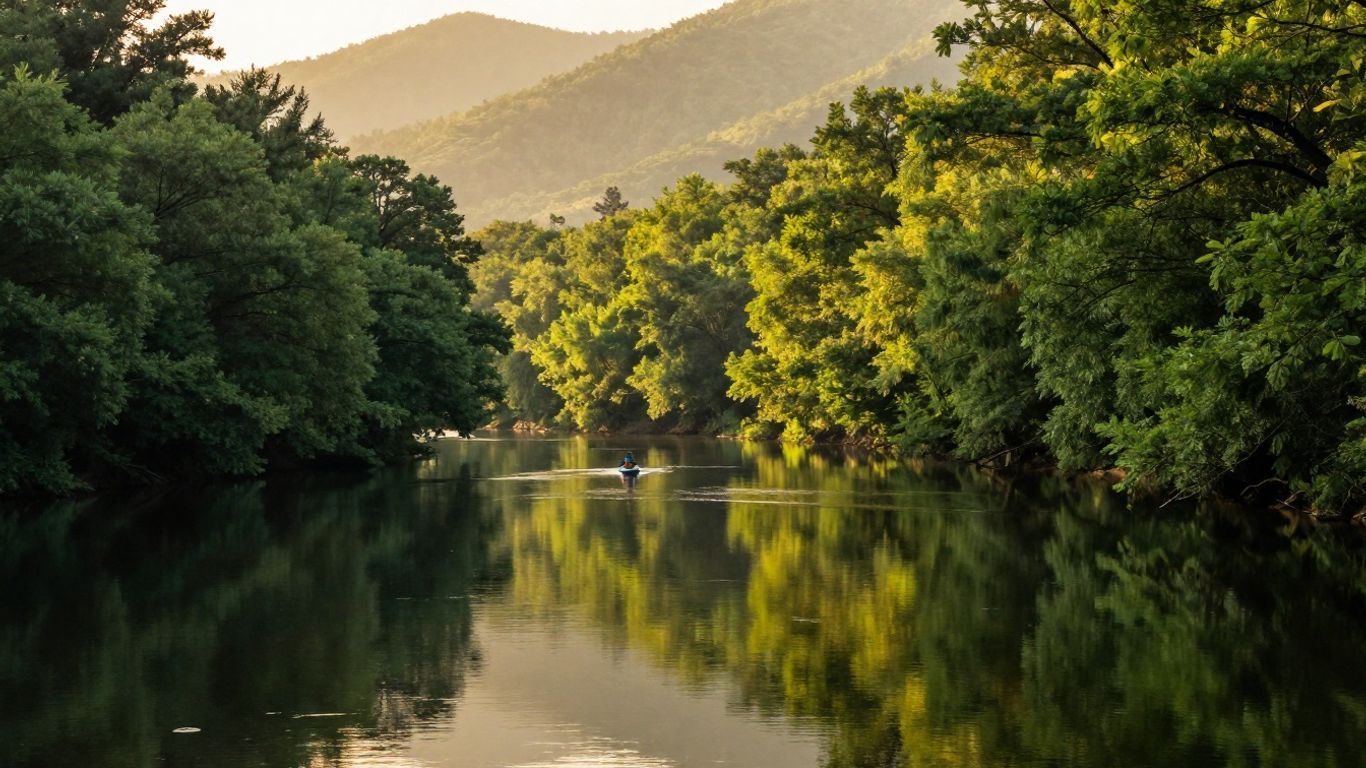 Calm river reflecting lush green trees and sunlit mountains at dawn