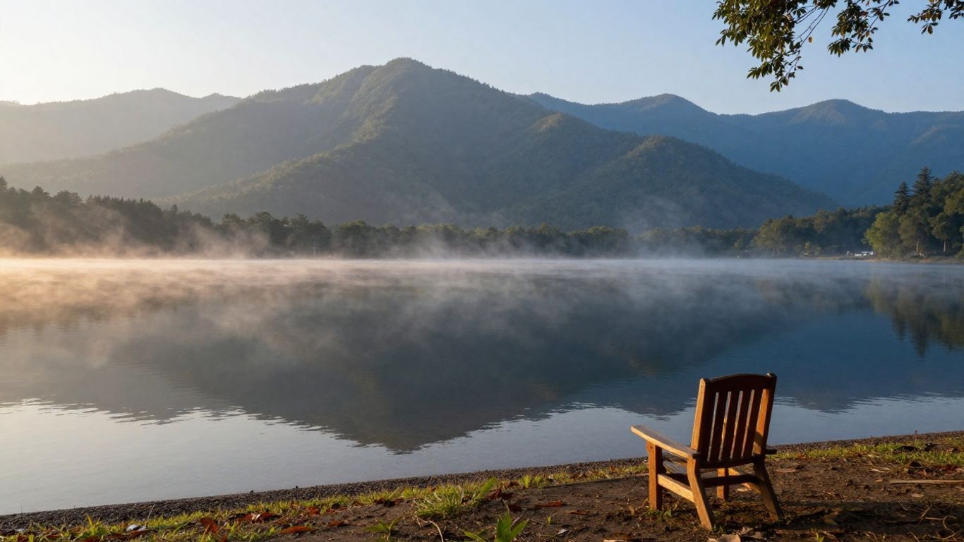 Misty lake at sunrise with mountain reflections and a wooden chair on the shore