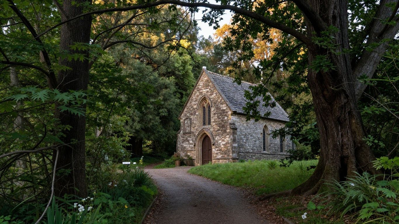 Stone chapel on a forest path beneath arching trees at dusk