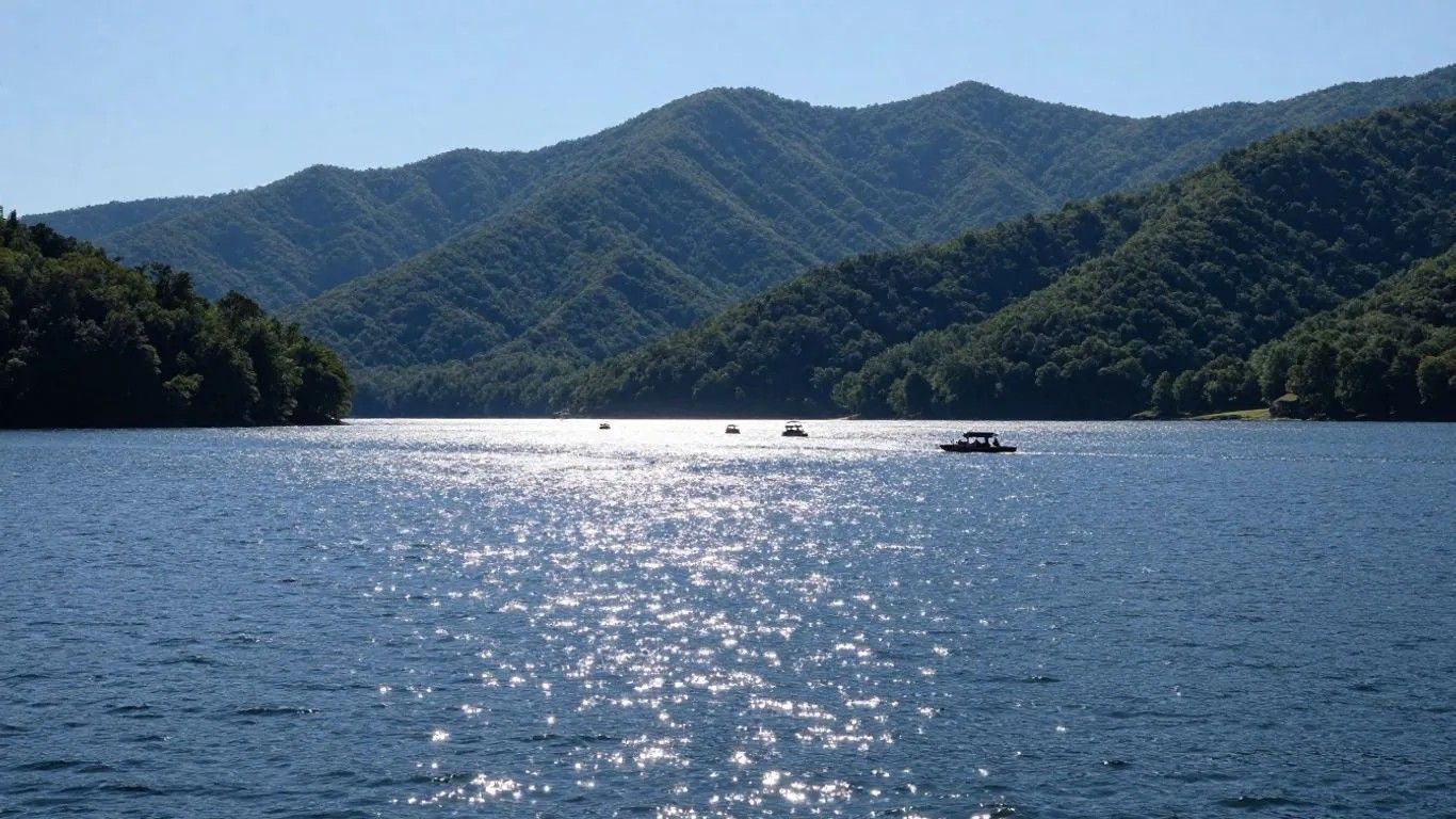 Blue lake with sparkling sunlight, small boats, and forested mountains under a clear sky