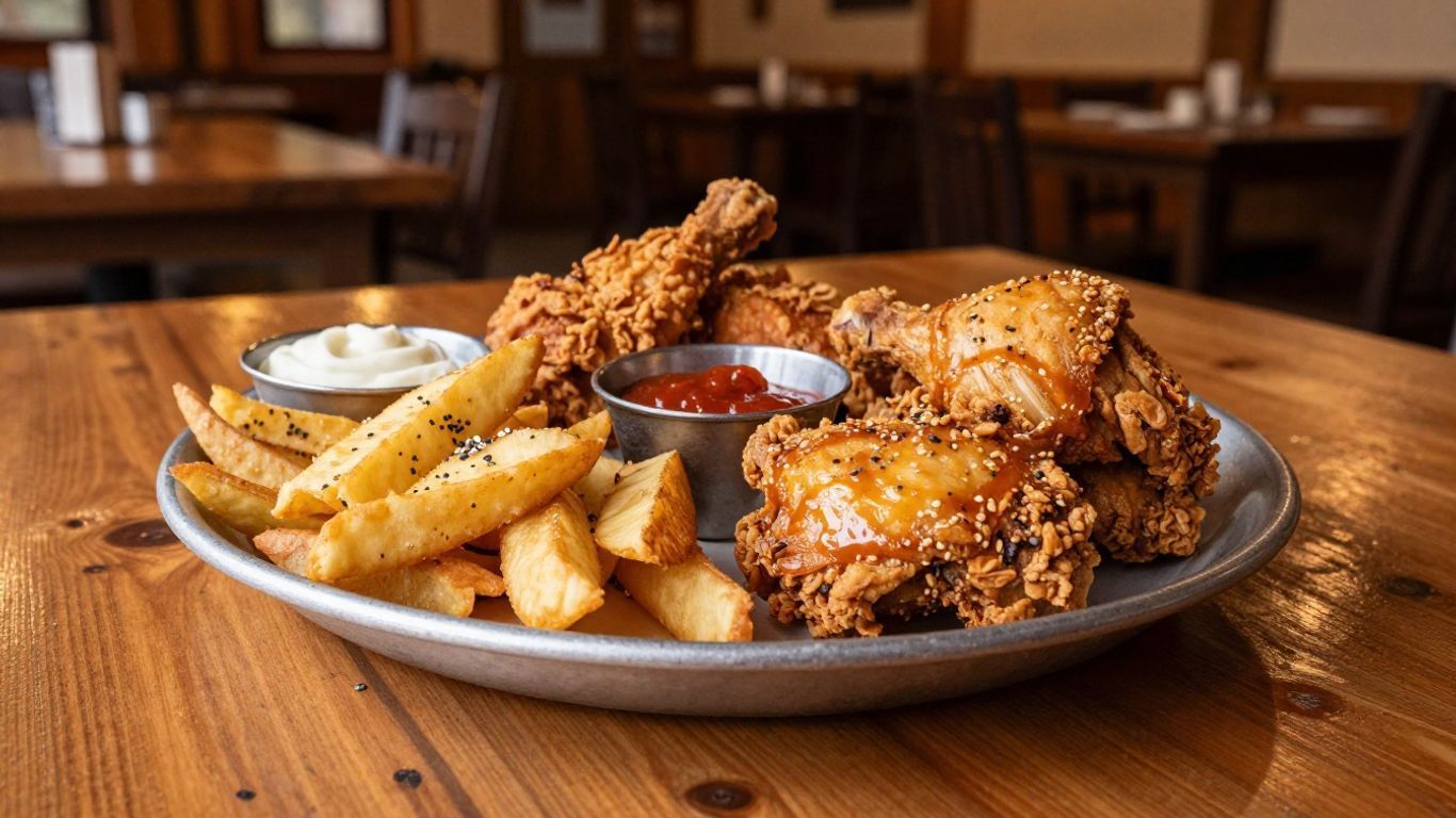 Fried chicken tenders with fries and dipping sauces on a plate at a restaurant table
