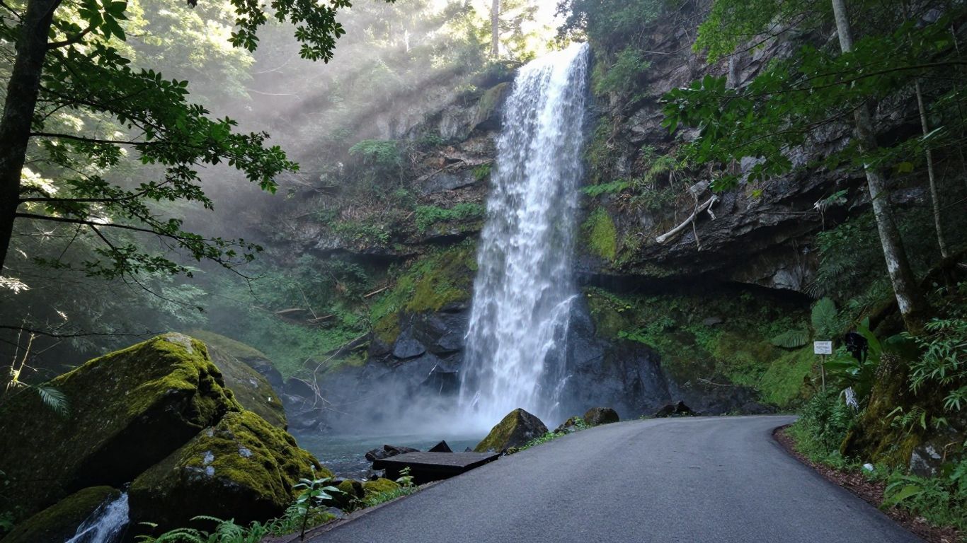 Tall waterfall beside a winding road in a lush green forest