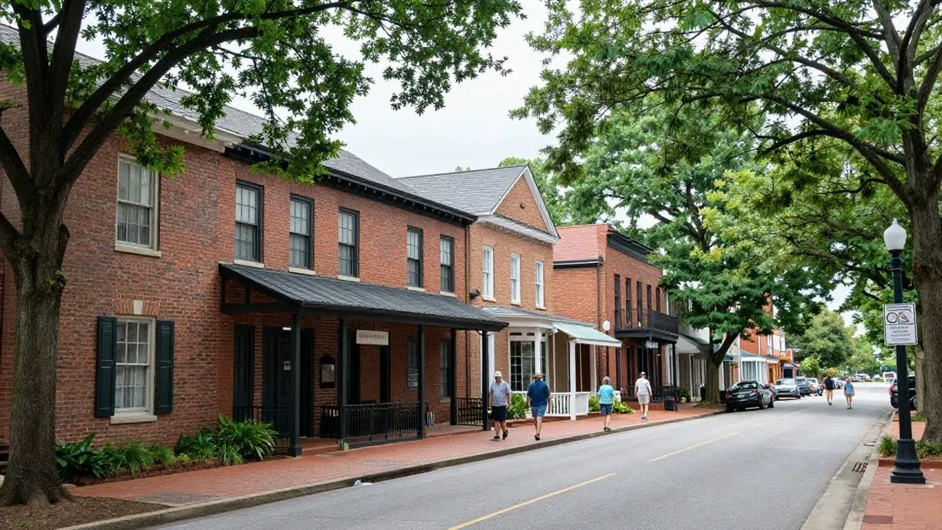 Brick storefronts and trees along a quiet street, with a few people walking on the sidewalk.