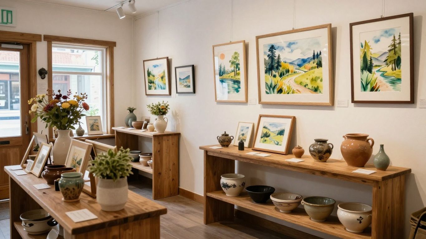 Bright gallery room with framed landscape art, wooden tables, and potted plants in a tidy display room