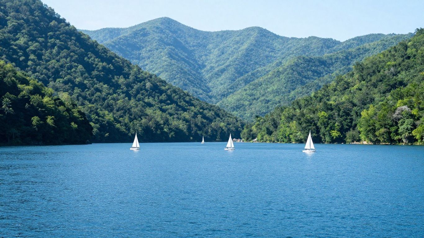 Blue lake with small white sailboats, surrounded by forested mountains under a clear sky