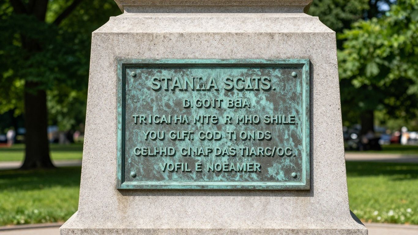 Bronze memorial plaque on a stone pedestal in a park, with engraved text.
