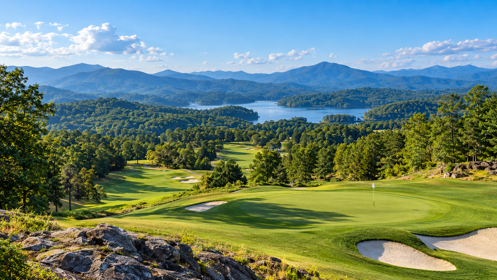 Lush green golf course overlooking a lake, forested hills, and blue mountains under a clear sky