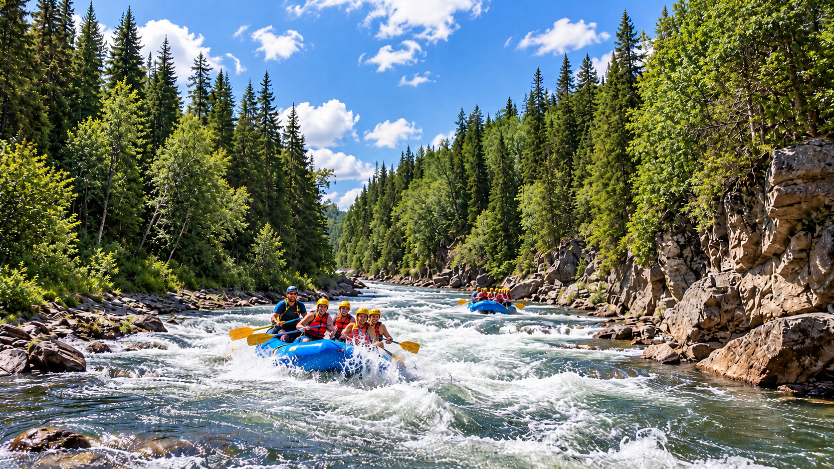 Rafting group paddles through whitewater rapids in a forested river canyon under a blue sky.