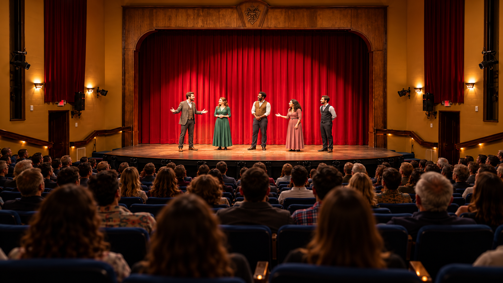 Musicians performing on a red-curtained stage in a theater, viewed from the audience.