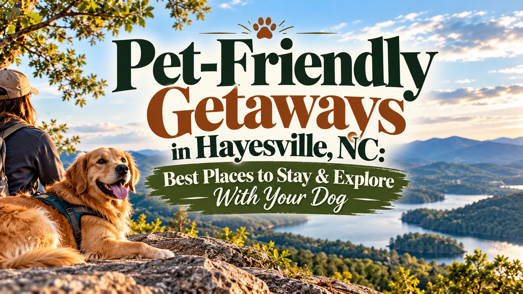 Dog on a leash overlooking mountains with text: “Pet-Friendly Getaways in Hayesville, NC”