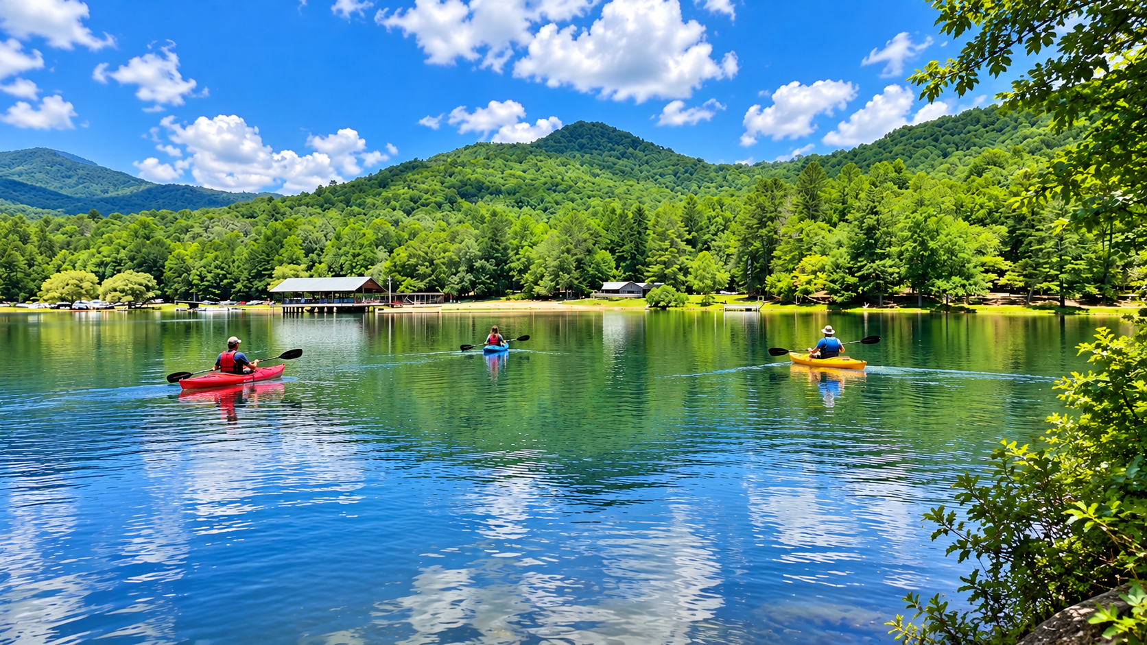Kayaks on a calm blue lake with green hills, trees, and a bright cloudy sky