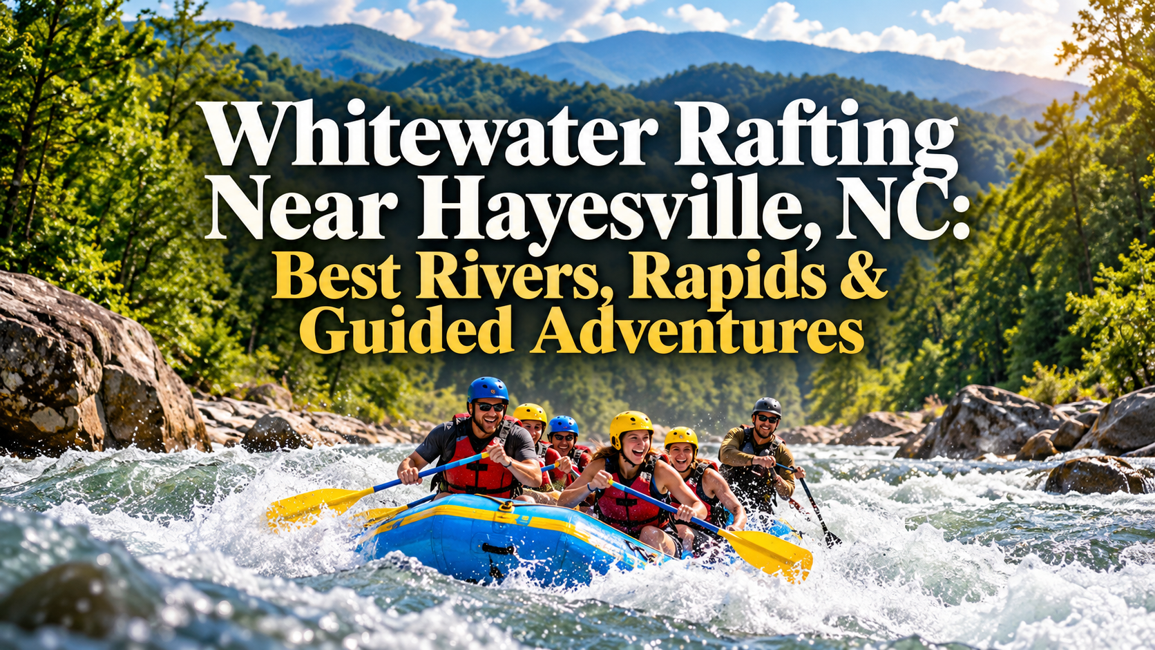 Whitewater rafting near Hayesville, NC, with blue raft, rushing rapids, and mountain backdrop