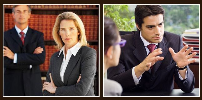 Una pantalla dividida muestra a profesionales con atuendo formal de negocios: una pareja posando en una biblioteca, otra durante una reunión.