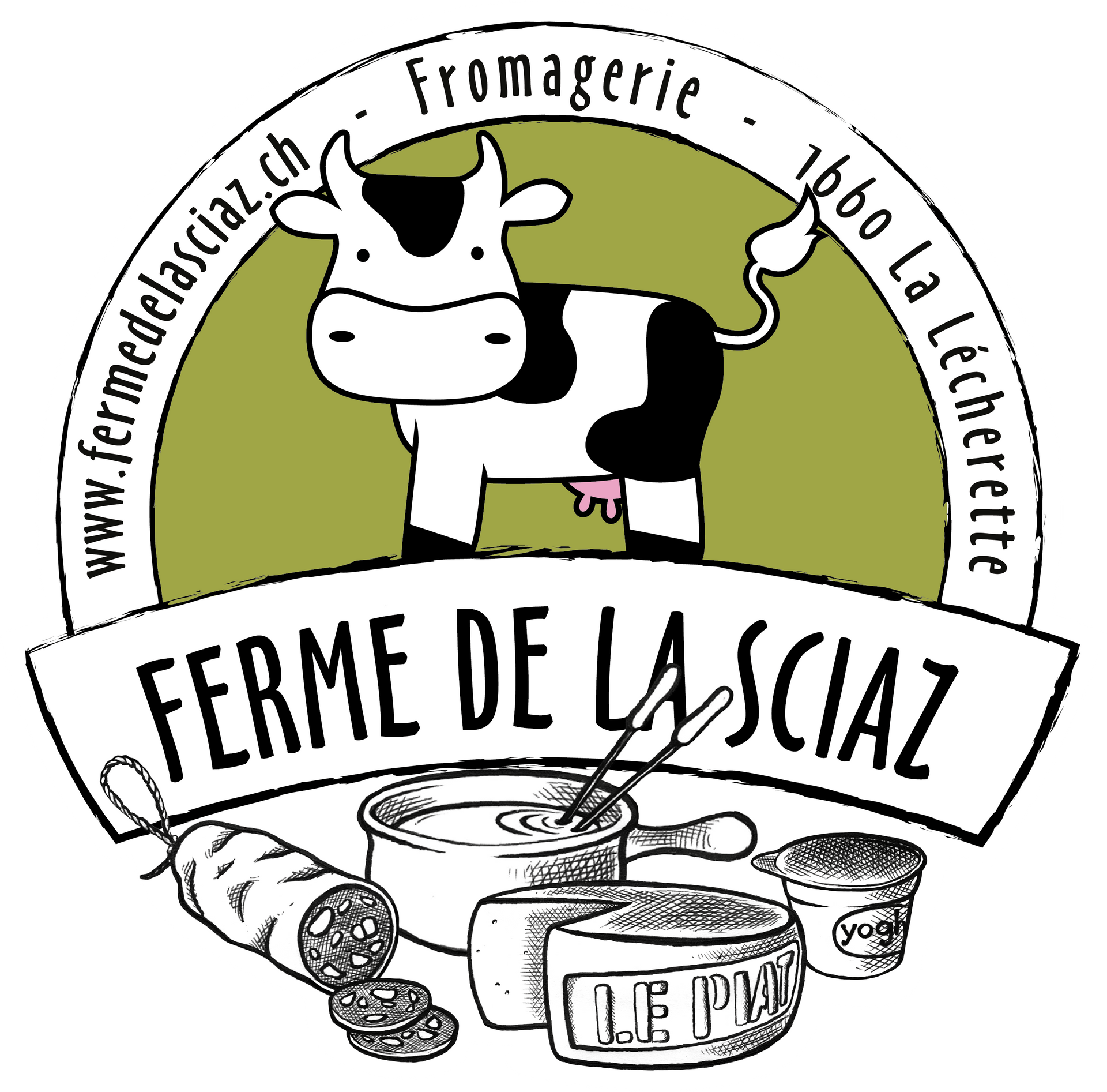 Logo de la laiterie «Ferme de la Sciaz» : vache, produits, texte, vert et blanc.