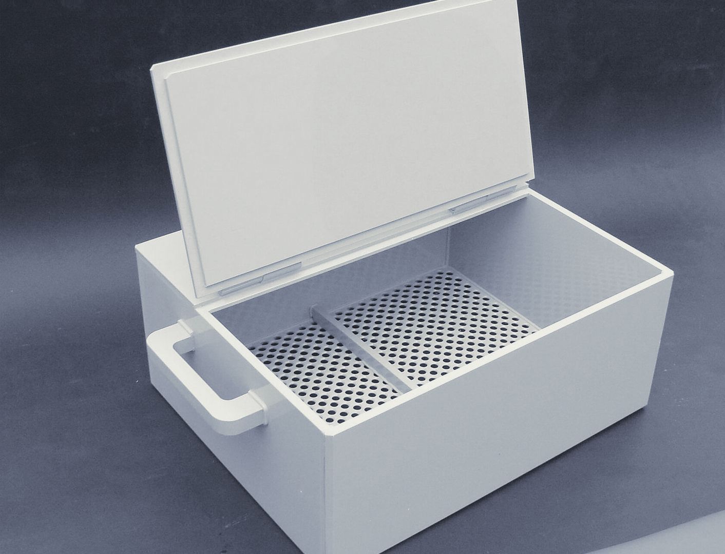 Eine weiße Schachtel mit geöffnetem Deckel und einem Tragegriff