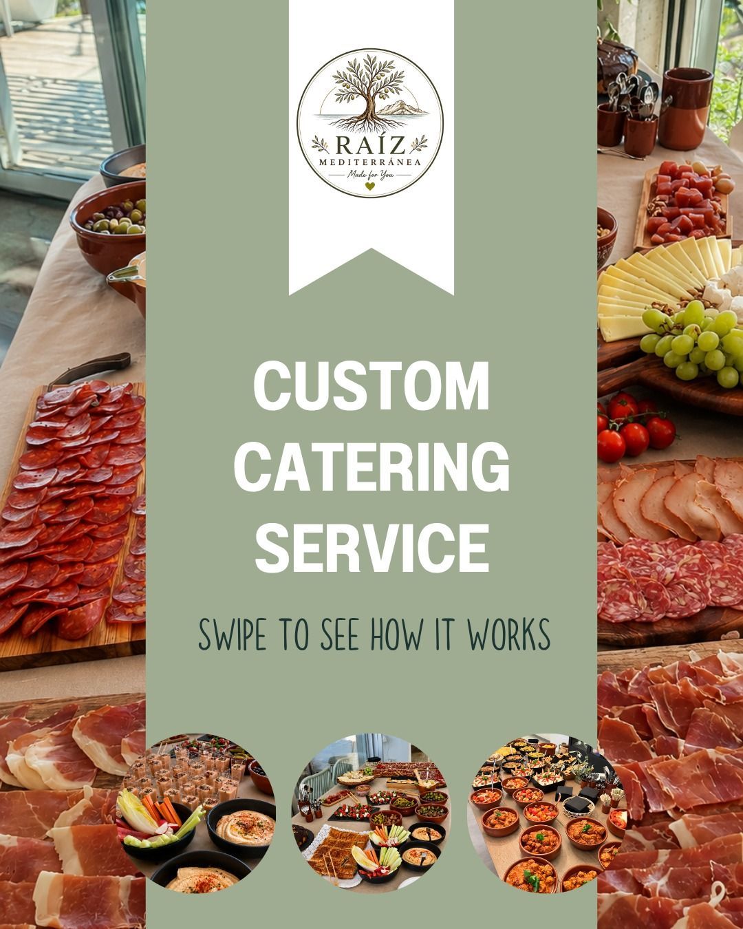 Promoción de servicio de catering personalizado con tablas de embutidos y fruta sobre un fondo verde salvia