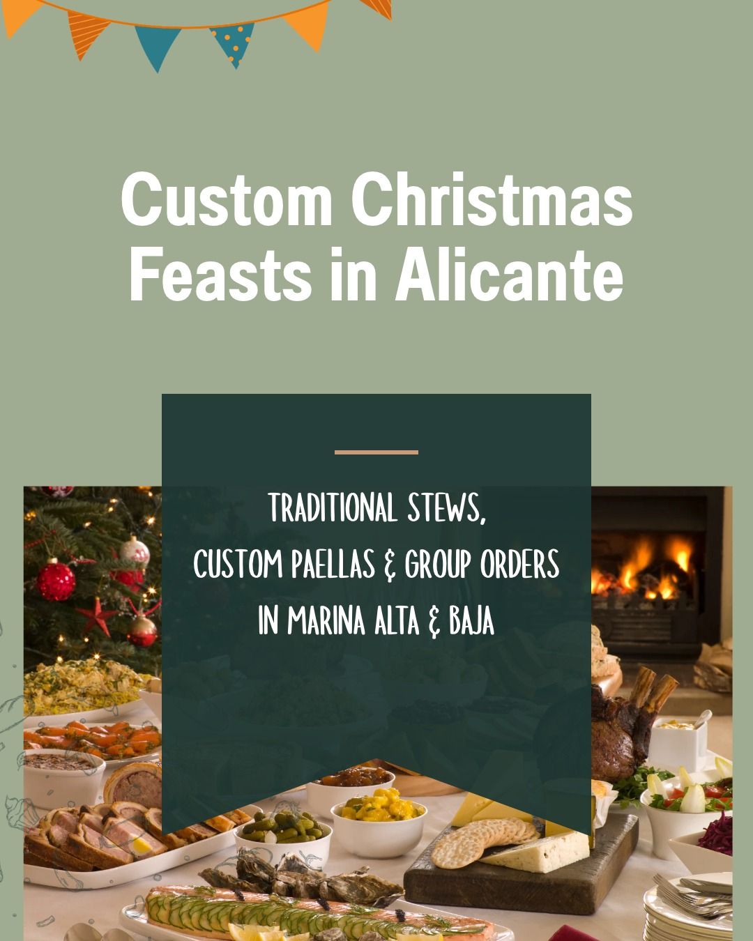 Mesa de fiesta navideña en Alicante con platos festivos junto a una chimenea y el texto «Celebraciones navideñas personalizadas en Alicante»