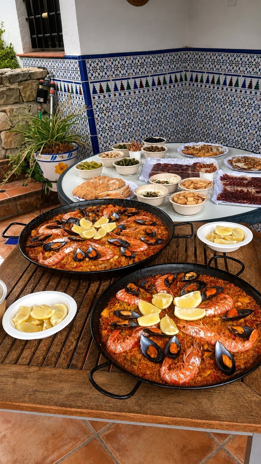 Mesa al aire libre repleta de paelleras españolas y tapas en un patio embaldosado