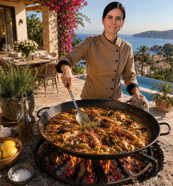 Un chef remueve una paellera grande sobre un fuego al aire libre junto al mar al atardecer.