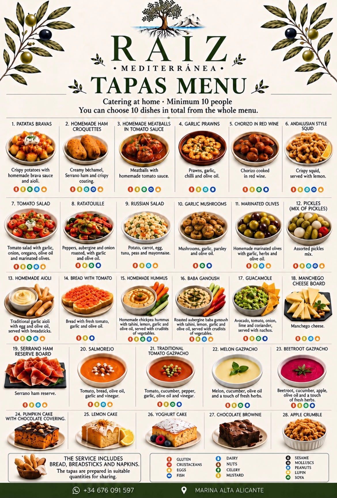 Póster del menú de tapas de Raiz, con fotos de los platos, nombres, precios e iconos de opciones vegetarianas y veganas.