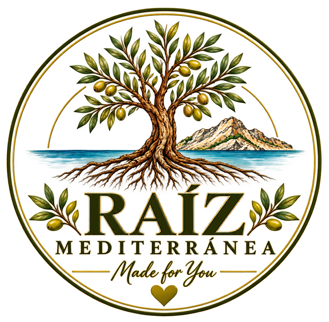Logotipo de un mercado mediterráneo con un olivo, el mar, una montaña y el texto «RAÍZ MEDITERRÁNEA Made for You»