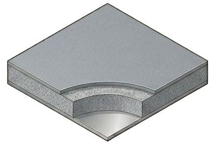 Vista en sección de un piso laminado con superficie superior gris y núcleo color canela, que muestra daños curvos en la parte inferior.